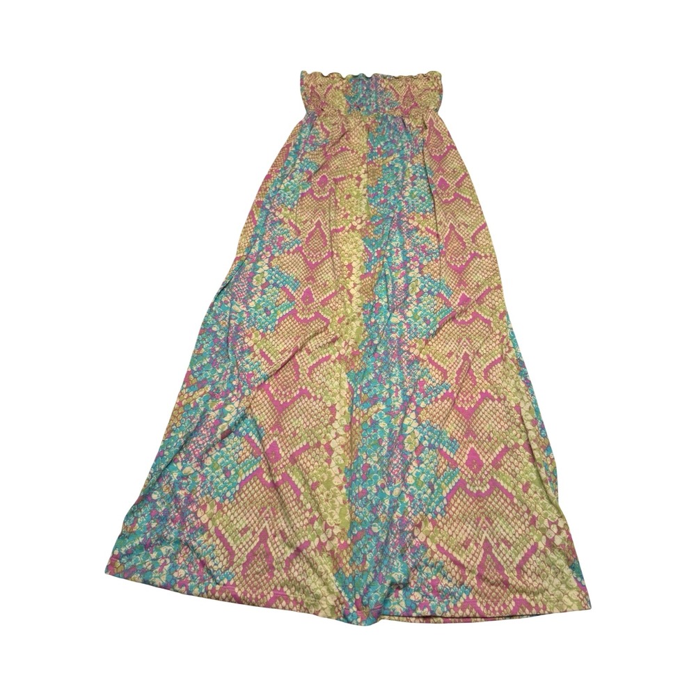 Bongo Womens Small Pink Teal Green Snakeskin‎ Smocked Strapless Maxi Dress y2k